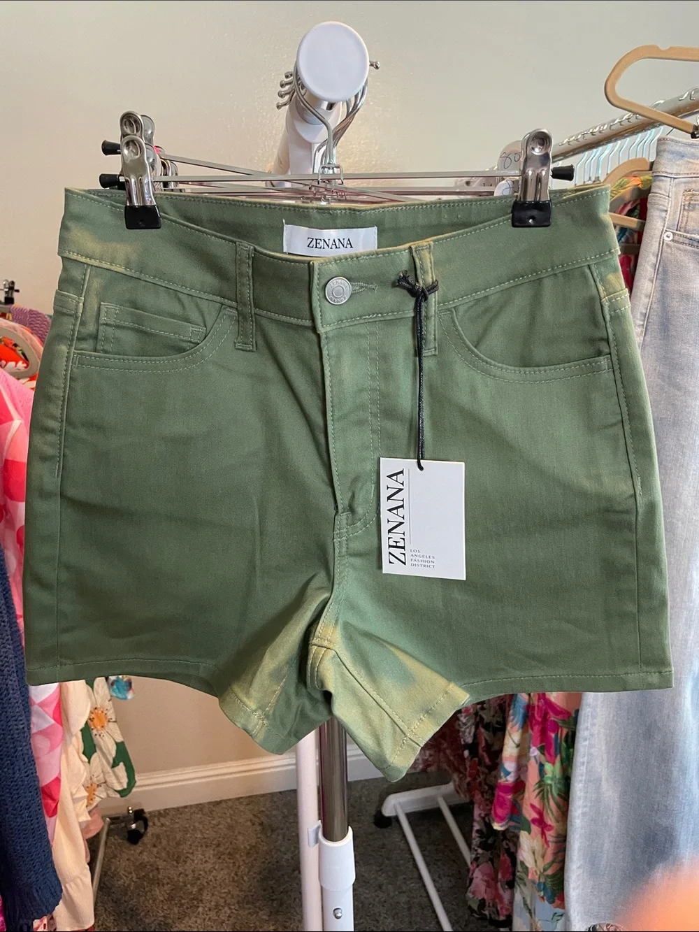 Cotton Blend Olive Green Mid-Rise Shorts
